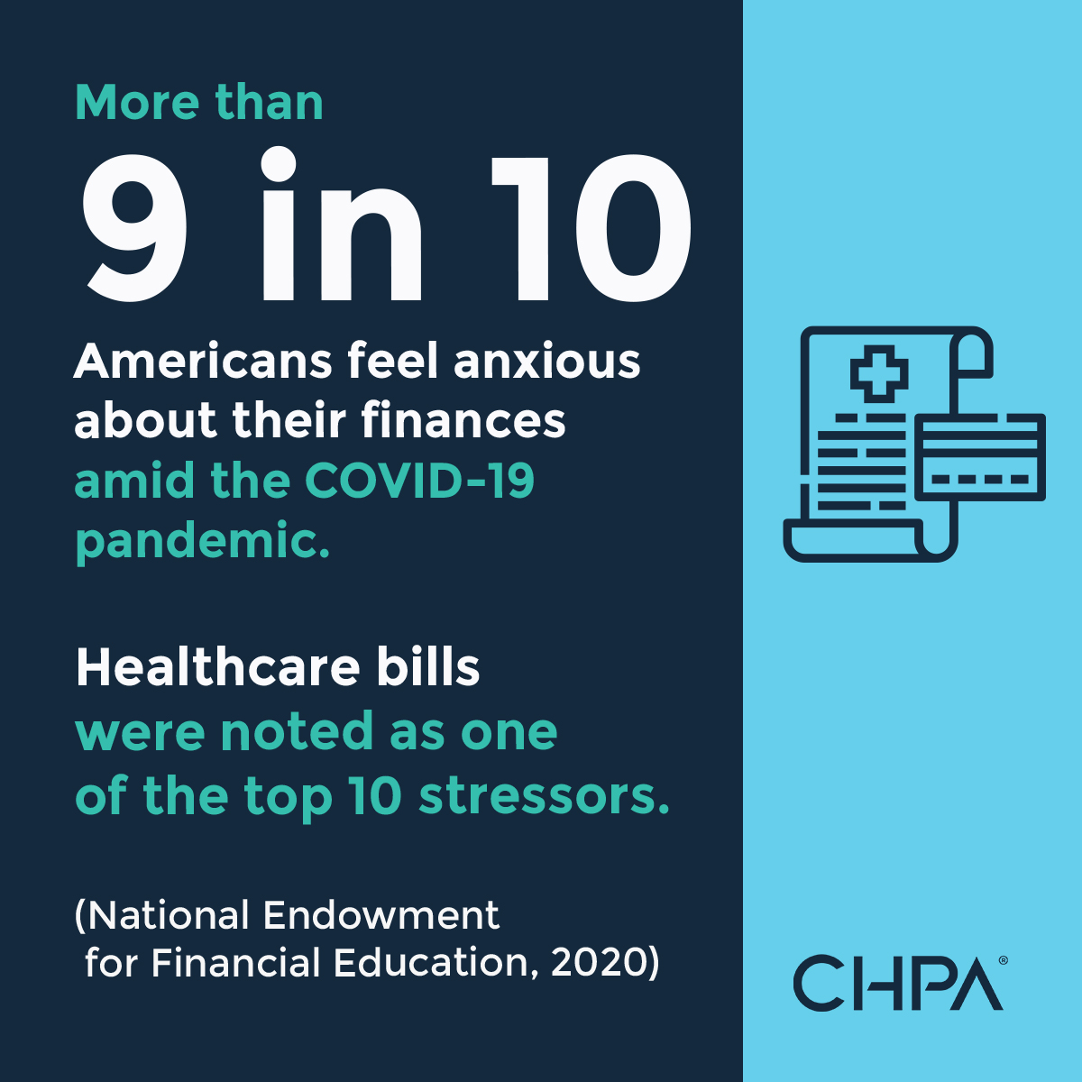 Dark and light blue background displaying that 9/10 Americans feel anxious about finances and healthcare bills