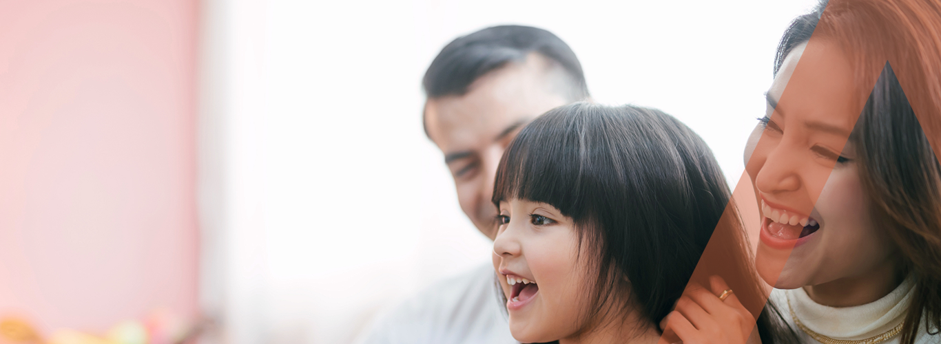 Family with East Asian heritage and transparent orange CHPA overlay