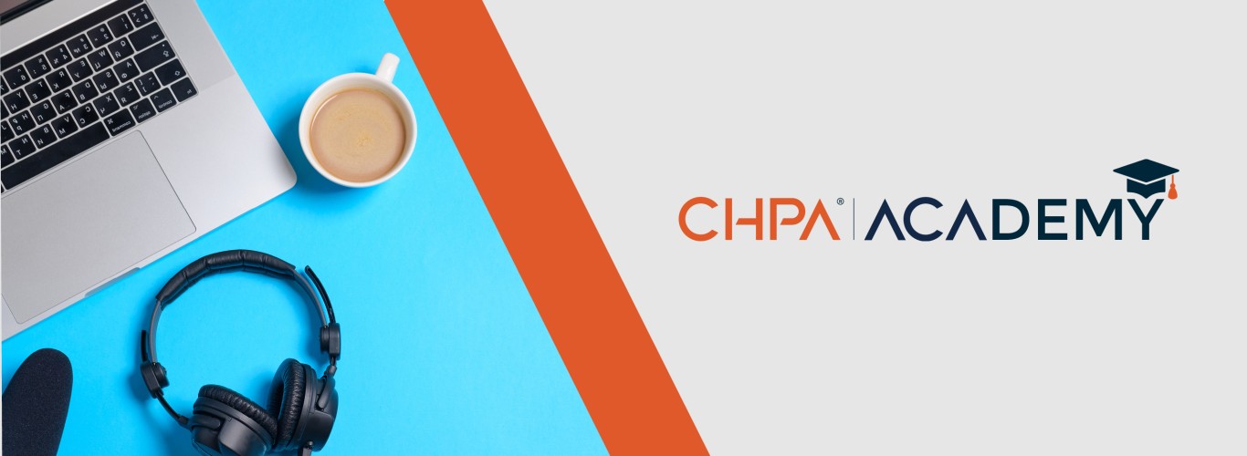 CHPA Academy logo with laptop, headphones, and coffee