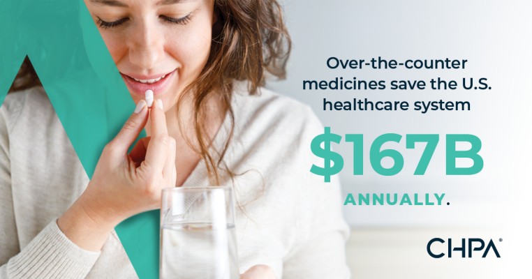 Woman taking a capsule with blue overlay. Text reads: Over-the-counter medicines save the U.S. healthcare system $167B annually.