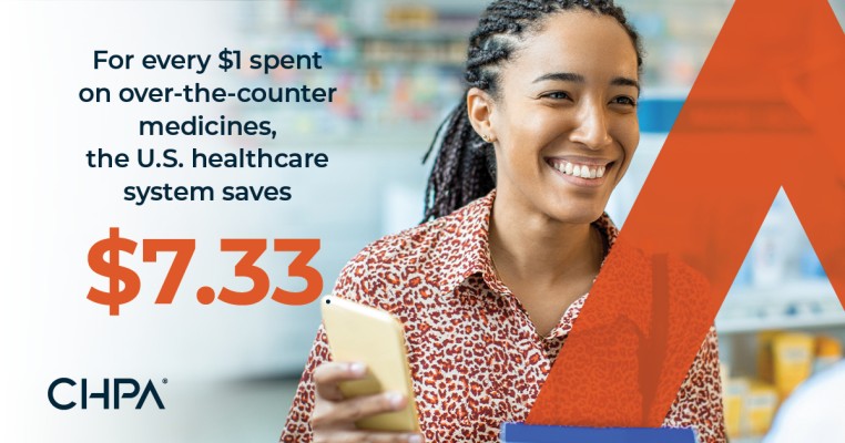 Woman with smartphone and orange overlay. Text reads: For every $1 spent on over-the-counter medicines, the U.S. healthcare system saves $7.33.