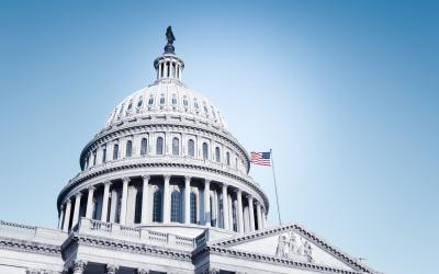 three quarter view of U.S. capitol building from below