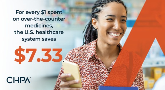 Woman with smartphone and orange overlay. Text reads: For every $1 spent on over-the-counter medicines, the U.S. healthcare system saves $7.33.
