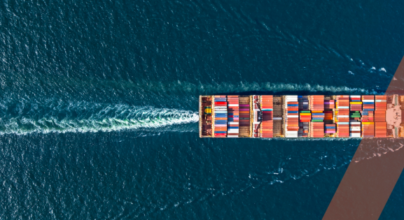 View of loaded cargo ship from above