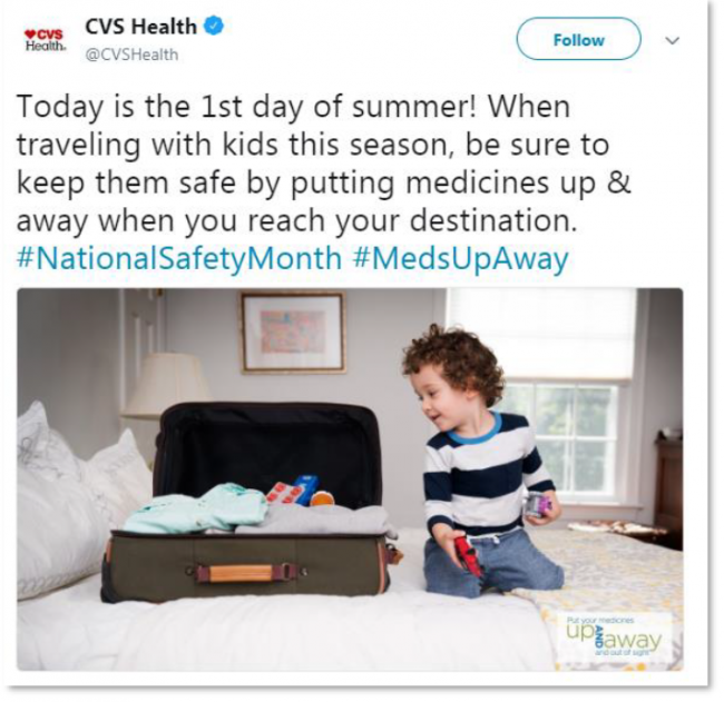 Twitter posts by CVS Health with image of a toddler playing near a suitcase